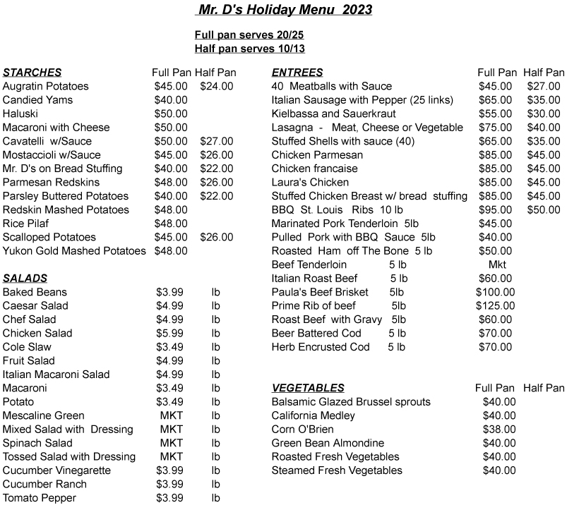 Holiday catering menu